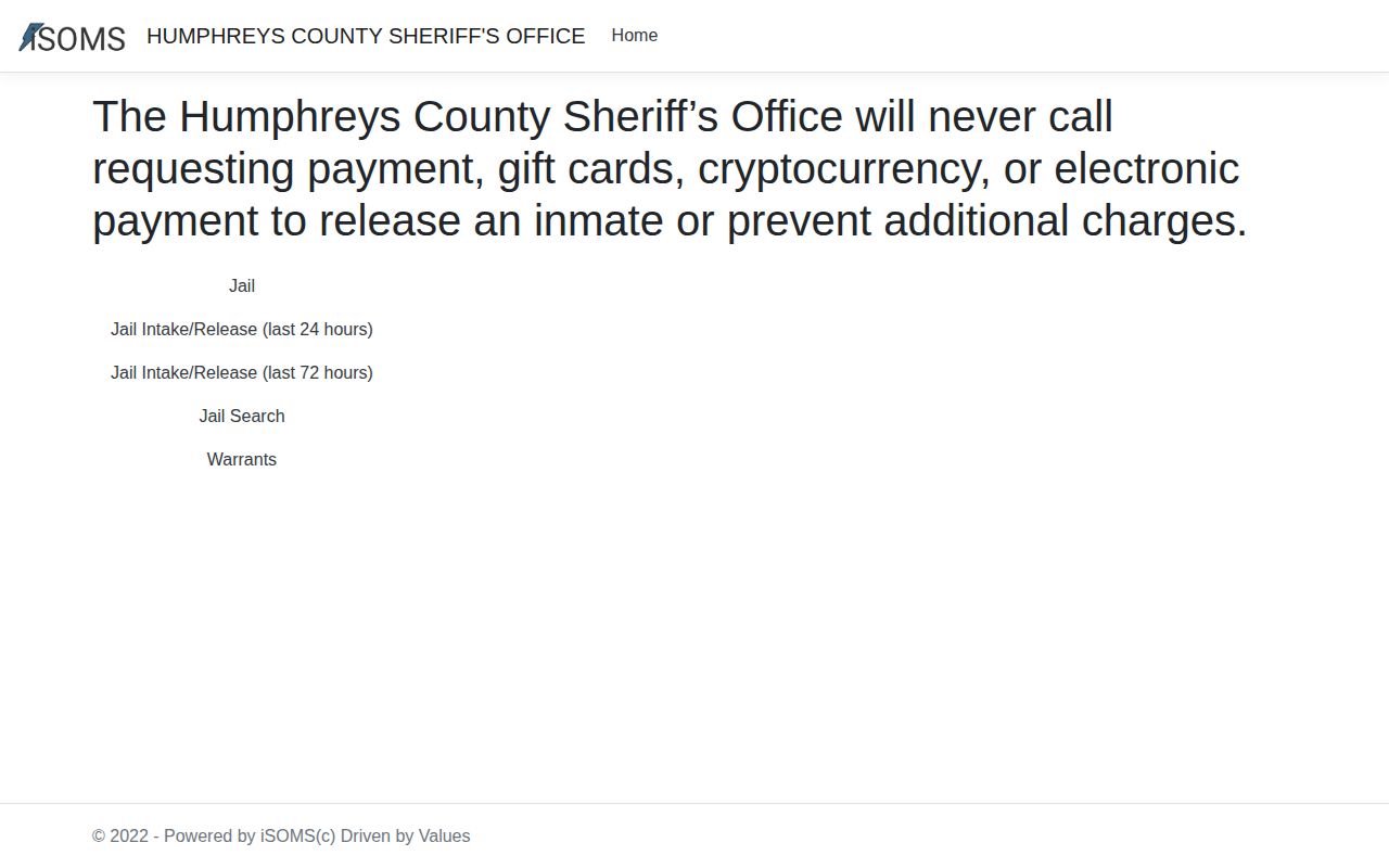 Humphreys County Jail official booking-record portal