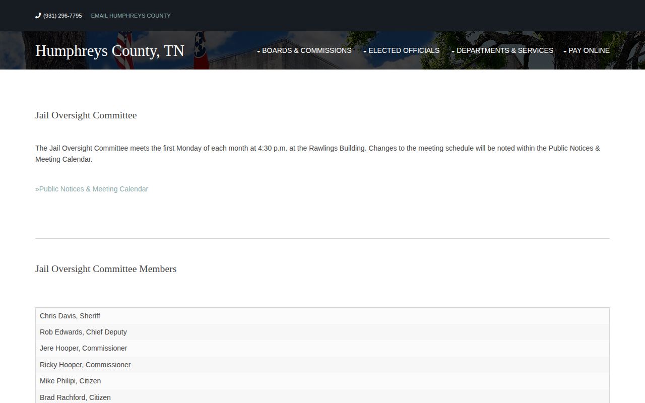 Humphreys County Jail oversight and booking-record information