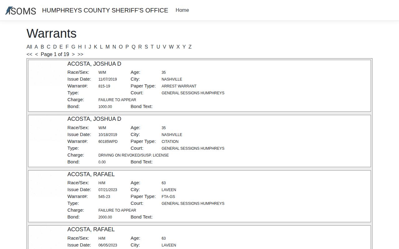 Humphreys County official warrant-record search page